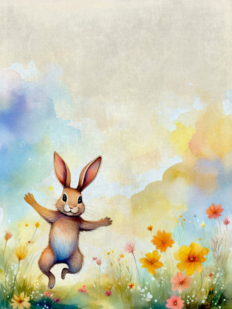 Watercolor painting depicting a rabbit jumping gracefully in the air, showing vivid colors and smooth movement. Best for an Easter card. Space for text.の写真素材