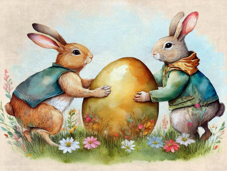 Delightful illustration featuring Easter bunnies with a beautifully painted egg, capturing the essence of Easter joy. Watercolor on paper texture.の写真素材