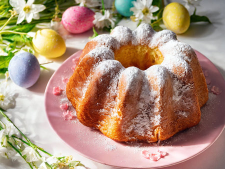 A traditional bundt cake dusted with powdered sugar on a pink plate, surrounded by Easter eggs and fresh spring flowers. Perfect for festive holiday baking and dessert inspiration.の写真素材