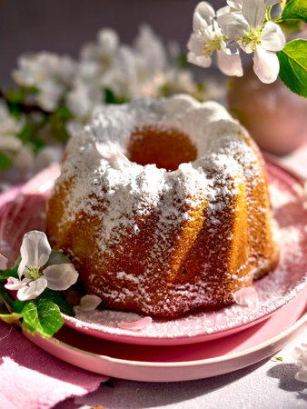 Taditional homemade bundt cake dusted with powdered sugar on a pink plate, surrounded by fresh apple flowers. Perfect for festive holiday baking and dessert inspiration.の写真素材