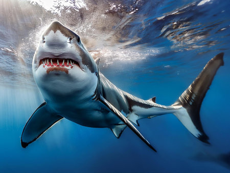 Great white shark swimming underwater in clear blue ocean.の写真素材