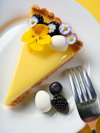 A piece of lemon tart on a white plate, decorated with blackberries, blueberries, a white chocolate egg and small spring flowers, with a silver fork on the side. A treat for Easteの写真素材