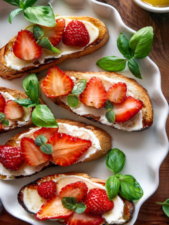 Spring crostini with honey goat cheese and roasted strawberries in honey, arranged on a white plate with a decorative frilled rim, garnished with fresh basil. Top view on aの写真素材