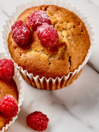 Vegan muffins with raspberries. Homemade sweets made from almond flour with yogurt and oil, contain sweet and juicy raspberries.の写真素材