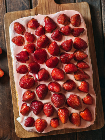 Top view of a fresh strawberry cake on a wooden cutting board, featuring ripe strawberries layered over a thick layer of pink frosting, creating a delicious homemade dessert.の写真素材