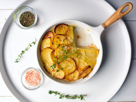 Potato gratin whith fresh thyme, salt and pepper, to taste. White table, top view.の写真素材
