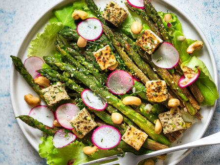 Asparagus salad with crispy lettuce, spicy radishes, baked tofu, nuts and creamy dill dressing.の写真素材