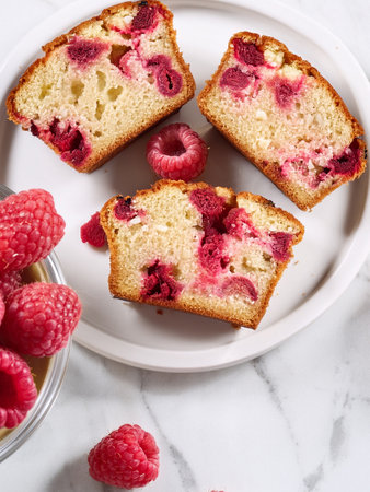 Vegan muffins with raspberries. Homemade sweets made from almond flour with yogurt and oil, contain sweet and juicy raspberries.の写真素材