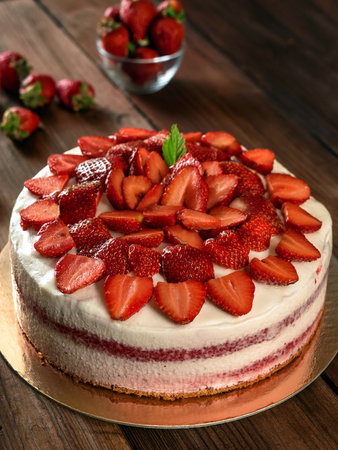 Strawberry shortcake with fresh sliced strawberries on top, placed on a wooden table, highlighting its layers of cream and sponge cake, with a bowl of strawberries in the backgrounの写真素材