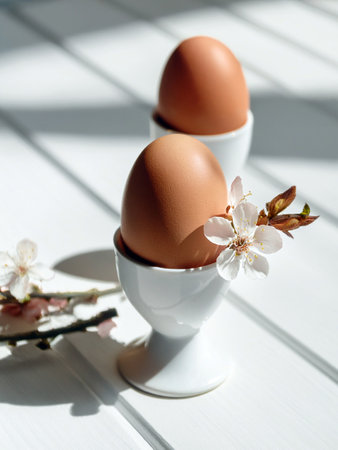 Two brown eggs in white egg cups on a white wooden surface, accented with delicate white cherry...