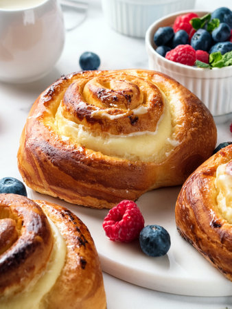 Vegan Polish sweet yeast rolls with vanilla pudding, served with fresh berries.の写真素材
