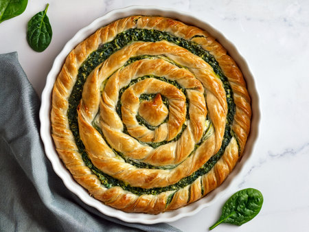 Vegan spanakopita â Greek spinach pie round, top view white marble tableの写真素材