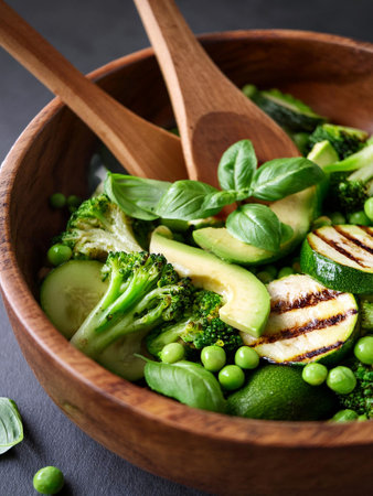 Fresh green vegetable salad in wooden bowl with grilled zucchini, avocado, peas, broccoli, and basil leaves, served with wooden salad tongs. Healthy vegan meal, perfect for clean eの写真素材