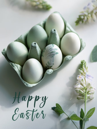 Pastel-colored Easter eggs in a carton with floral decorations, featuring a 'Happy Easter' message....