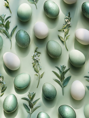 Green Easter eggs decorated on a pastel green background, accompanied by delicate herbs and spring flowers.の写真素材