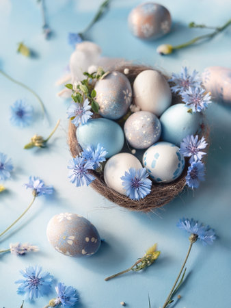 Aesthetic arrangement of blue and white Easter eggs in a nest surrounded by delicate blue flowers on a light blue surface.の写真素材