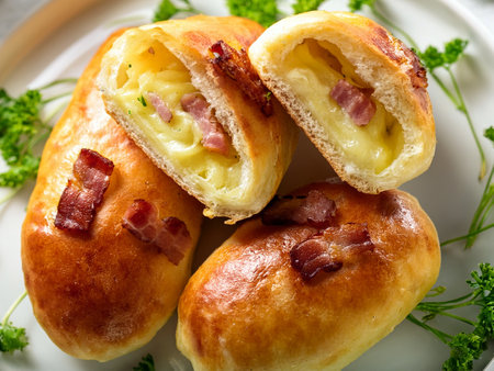 Freshly baked potato piroshki with bacon and cheese on white plate with fresh parsley.の写真素材