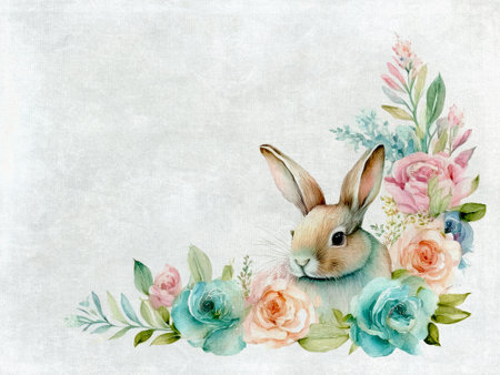 Illustration of a watercolor rabbit surrounded by pink and blue flowers, creating a whimsical and serene nature scene. Watercolor on paper texture. Colorful spring border.の写真素材