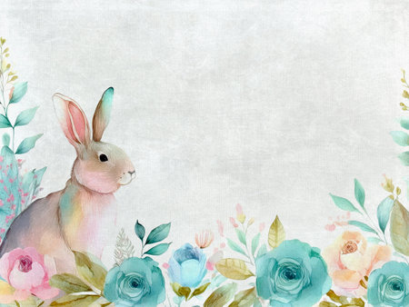 Illustration of a watercolor rabbit surrounded by pink and blue flowers, creating a whimsical and serene nature scene. Watercolor on paper texture. Colorful spring border.の写真素材