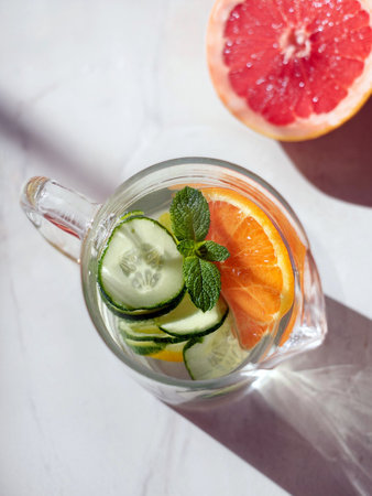A glass pitcher filled with refreshing infused water featuring sliced cucumber, grapefruit, lemon, and fresh mint leaves, with whole oranges in the backgroundの写真素材