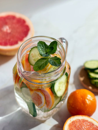 A glass pitcher filled with refreshing infused water featuring sliced cucumber, grapefruit, lemon, and fresh mint leaves, with whole oranges in the background, in a bright kitchenの写真素材