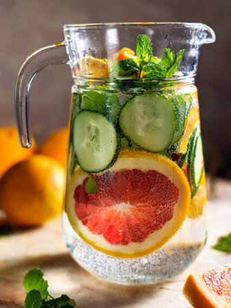 The cooling spa water easy to prepare and incredibly refreshing. Created with crisp cucumber, sweet mint and citrus fruits.の写真素材