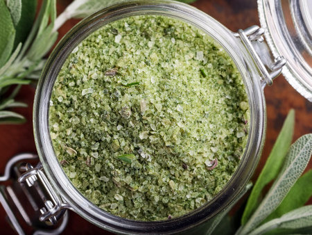 A jar of homemade salt with herbs artfully arranged around it, resting on a warm wooden table surface.の写真素材