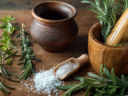 An assortment of fresh herbs and spices displayed on a wooden table, highlighting their natural beauty and diversity.の写真素材