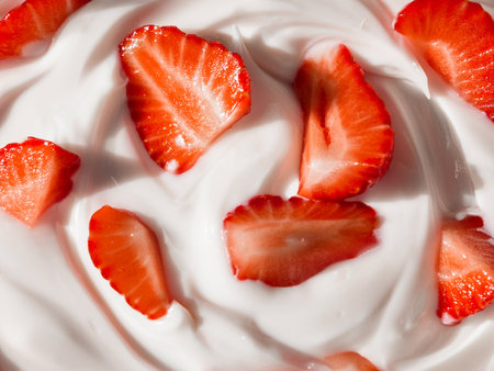 A bowl containing plain yogurt, decorated with juicy strawberries, presenting a tempting dessert option.の写真素材