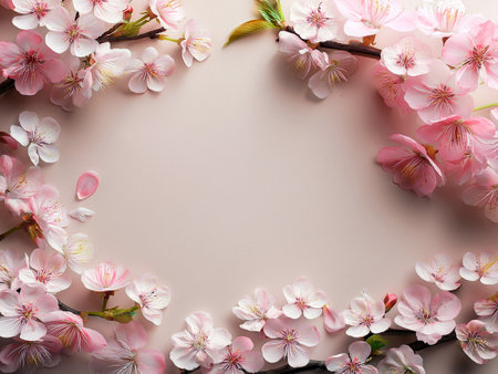 Pink cherry blossoms arranged on a pink background, creating a delicate and elegant floral frame. Spring time.の写真素材