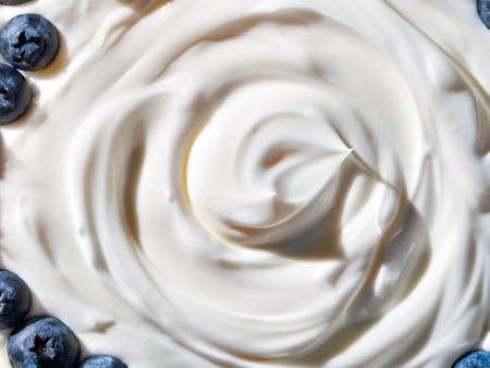 Creamy yogurt swirled with fresh blueberries, close-up.の写真素材