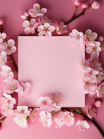 Pink cherry blossoms arranged around a pink square card on a pink background, creating a delicate and elegant floral frame.の写真素材