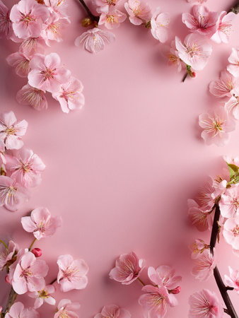 Pink cherry blossoms arranged on a pink background, creating a delicate and elegant floral frame. Spring time.の写真素材