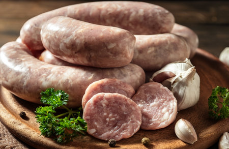 Fresh homemade raw sausages on a wooden table and wooden platter with green herbs, garlic and peppercorns. Rustic setting.の写真素材