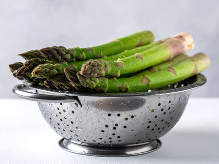 Fresh green asparagus spears with water droplets in a metal colander, highlighting vibrant asparagus texture and color.の写真素材