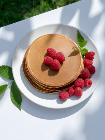 Stack of golden pancakes on a white plate topped and surrounded by fresh raspberries, garnished with green leaves, set on a sunlit outdoor table.の写真素材
