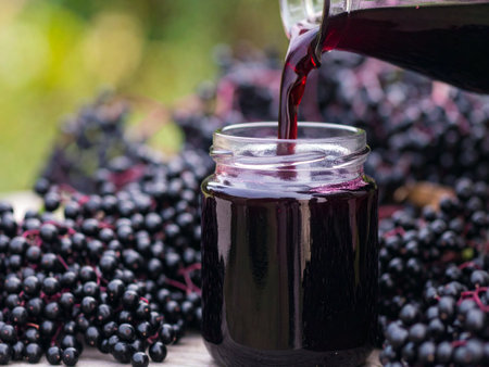 Homemade elderberry juice being poured into a glass jar surrounded by fresh elderberries outdoorsの写真素材