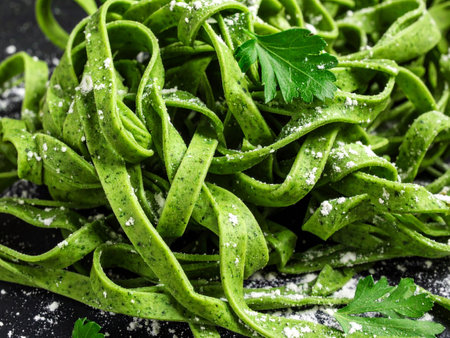 Fresh home made green spinach or parsley fettuccine paste sprinkled with flour and garnished with parsley leaves on a dark background.の写真素材