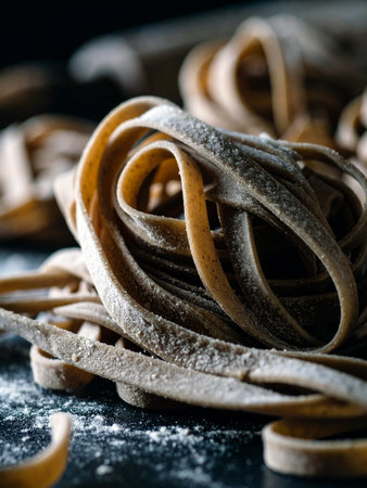 Homemade whole wheat fettuccine pasta nests dusted with flour on a dark surface, showcasing fresh artisan pasta preparation.の写真素材