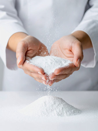 A person in a white apron holding and pouring fine white flour into a pile on a clean surface....