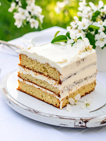Slice of homemade vanilla cake with creamy white frosting, decorated with fresh edible flowers on a white plate, perfect for spring celebrations and dessert lovers.の写真素材