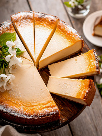 Classic New York cheesecake with a golden-brown crust, sliced and garnished with spring white flowers, displayed on a rustic wooden table for dessert.の写真素材