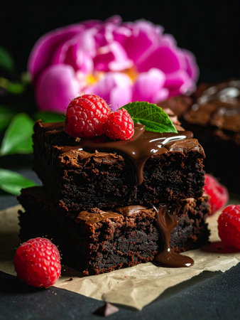 Decadent chocolate brownies adorned with juicy raspberries and fresh mint, presented on a decorative plate.の写真素材