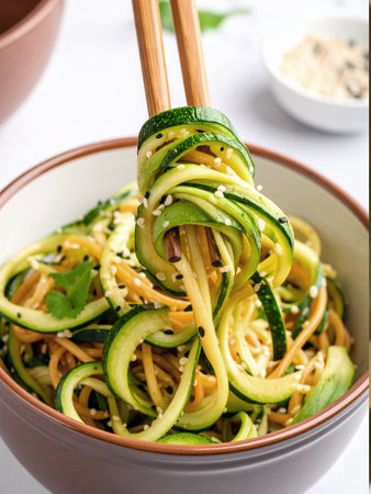 Zucchini noodles with sesame seeds and fresh herbs in a bowl, lifted by chopsticks for a healthy vegan meal.の写真素材