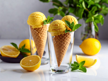 Lemon ice cream in wafers placed in a tall glass.の写真素材