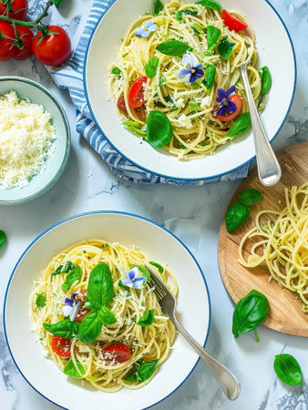 Two bowls of pasta garnished with fresh basil leaves, cherry tomatoes, parmesan cheese, and edible flowers, served on a marble surface with a side of grated cheese, vine tomatoes,の写真素材