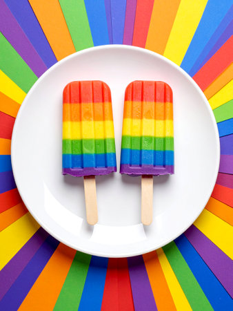 Two rainbow popsicles on a white plate, displaying vibrant shades of red, orange, yellow, green,...