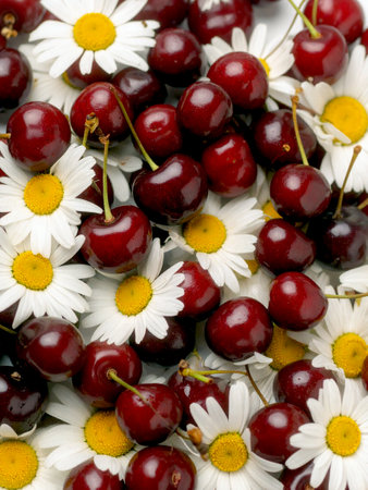 Fresh cherries and vibrant daisies, showcasing a colorful and inviting arrangement. Top view, full frame.の写真素材