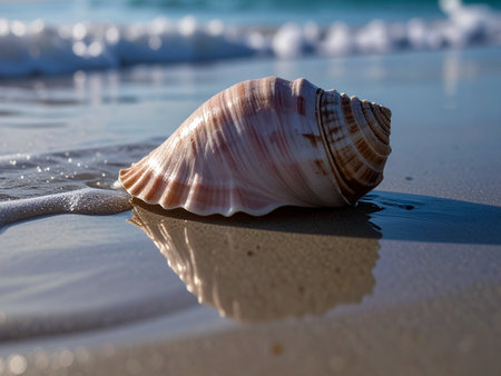 A close-up of a shell on the beach, with gentle waves lapping at the shore and the vast ocean in the background.の写真素材