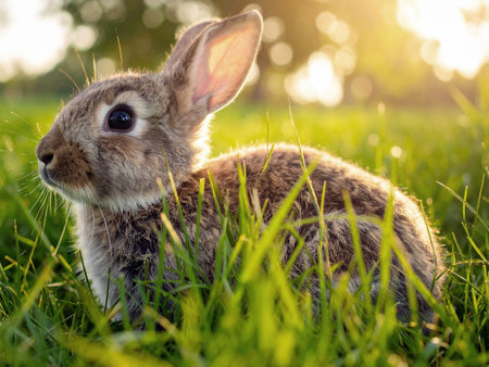 A small rabbit sits in the grass, illuminated by the warm glow of a sunset in the background.の写真素材